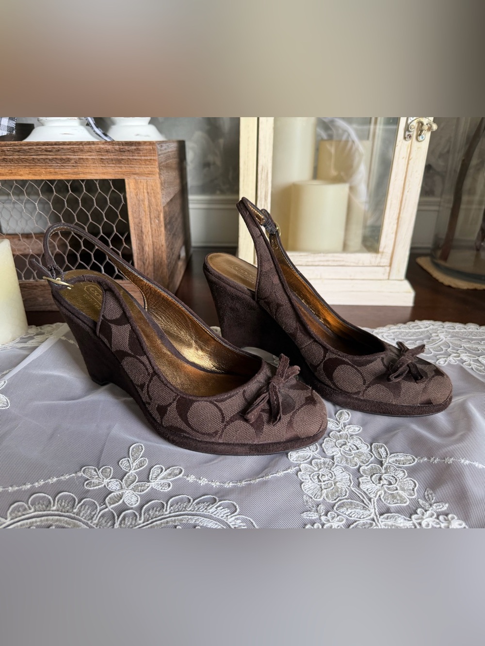 Y2K Coach Brown Signature Canvas Rounded-Toe Heeled Wedge Slingbacks sz 6.5